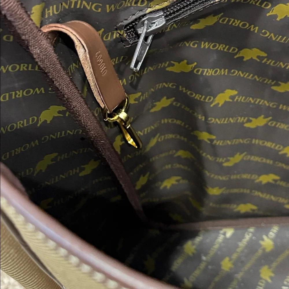 HUNTING WORLD Canvas Tote Bag With Leather Trims Khaki EUC
